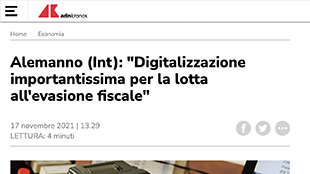 11/11/21 Adnkronos.com : Alemanno (Int): “Digitalizzazione importantissima per la lotta all'evasione fiscale”